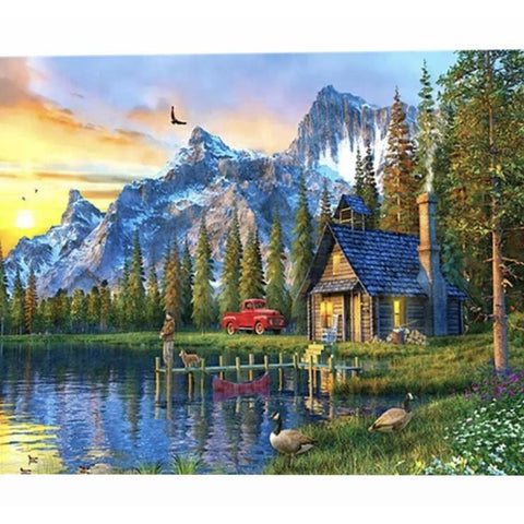 Image of Cottage at the foot of the Mountain – Canvastly DIY Paint By