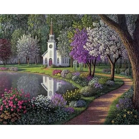 Image of Little Church by the Lake – Canvastly DIY Paint By Numbers -